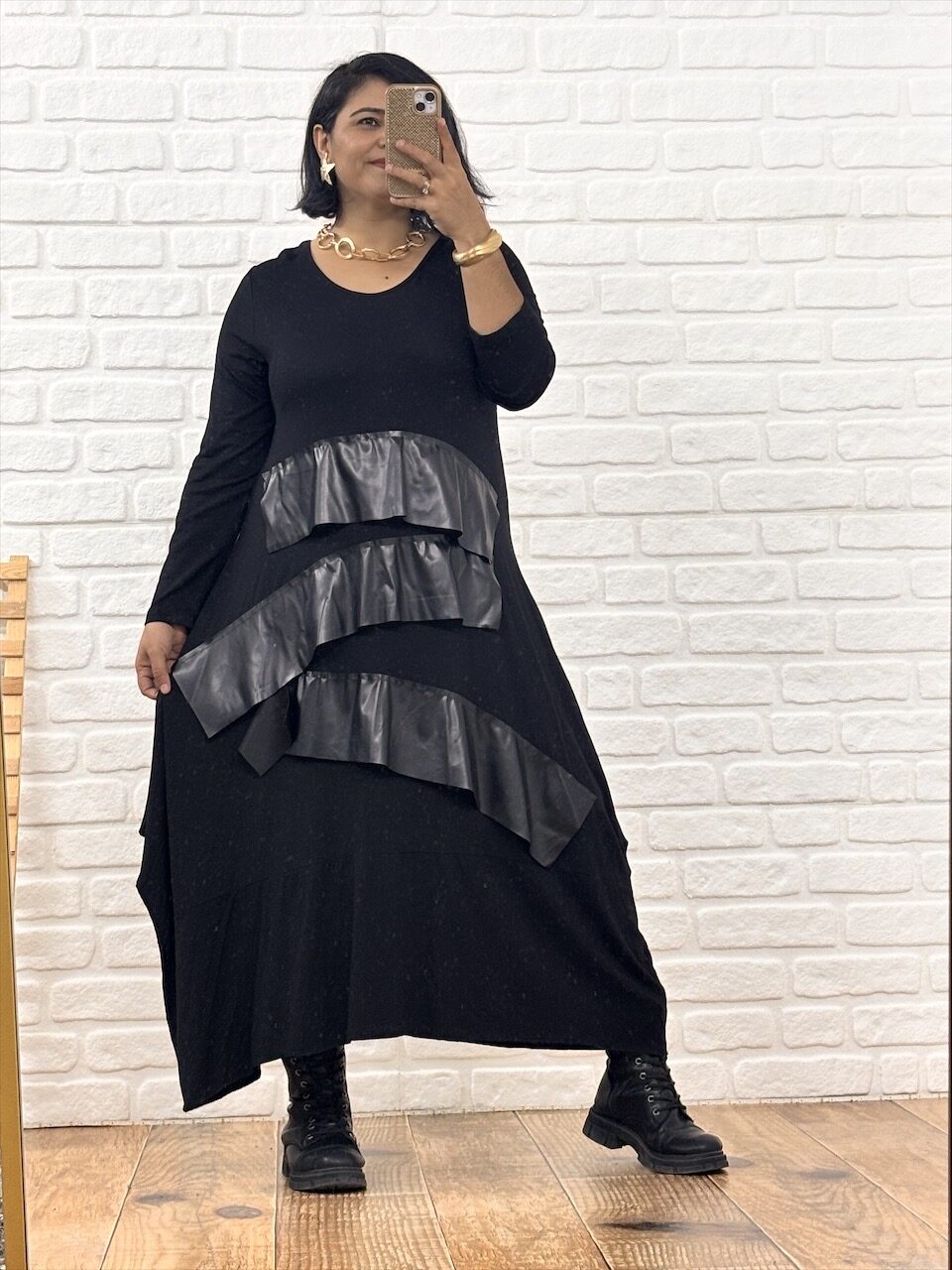 Tasarım deri detaylı elbise