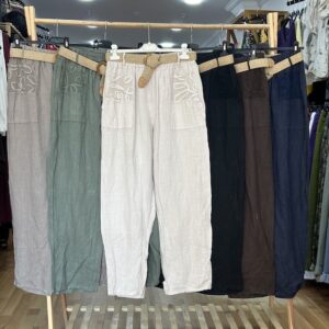 İTALYAN HASIR KEMERLİ KETEN PANTOLON